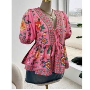 SHEIN Pink Floral Embroidered Peplum Puff-Sleeve Top